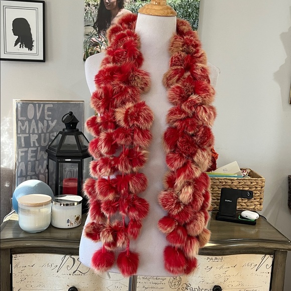 POM POM DYED RABBIT FUR SCARF NECK WARMER RED TAN - Picture 5 of 12